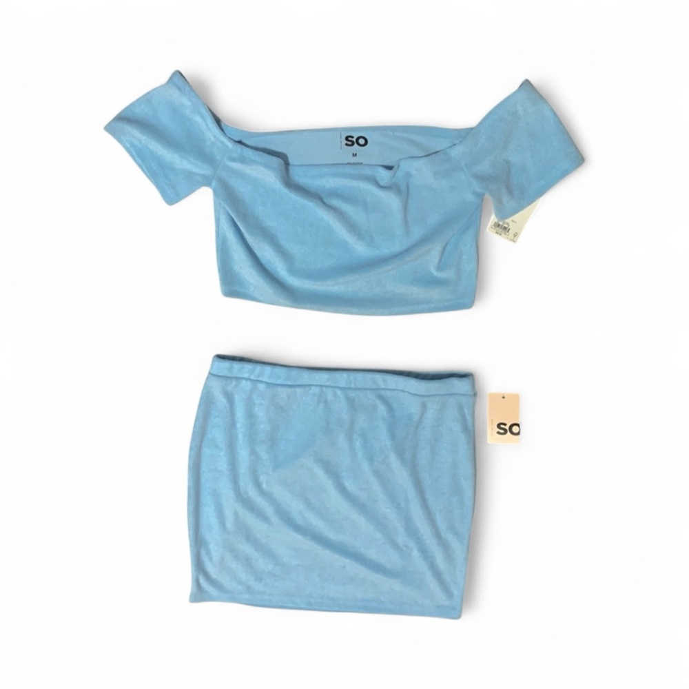 Terry Cloth Set Matching Crop Top and Mini Skirt Baby Blue